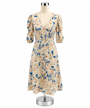 BCBGeneration Floral Puff Sleeve V-Neck Midi Dress Size 2